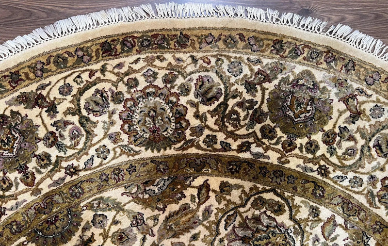 Round Indo Persian Rug 8x8 ft, Large Hand Knotted Vintage Wool Circular Carpet, 8ft Round Oriental Rug, Floral Medallion, Cream and Green by Jewel Rugs
