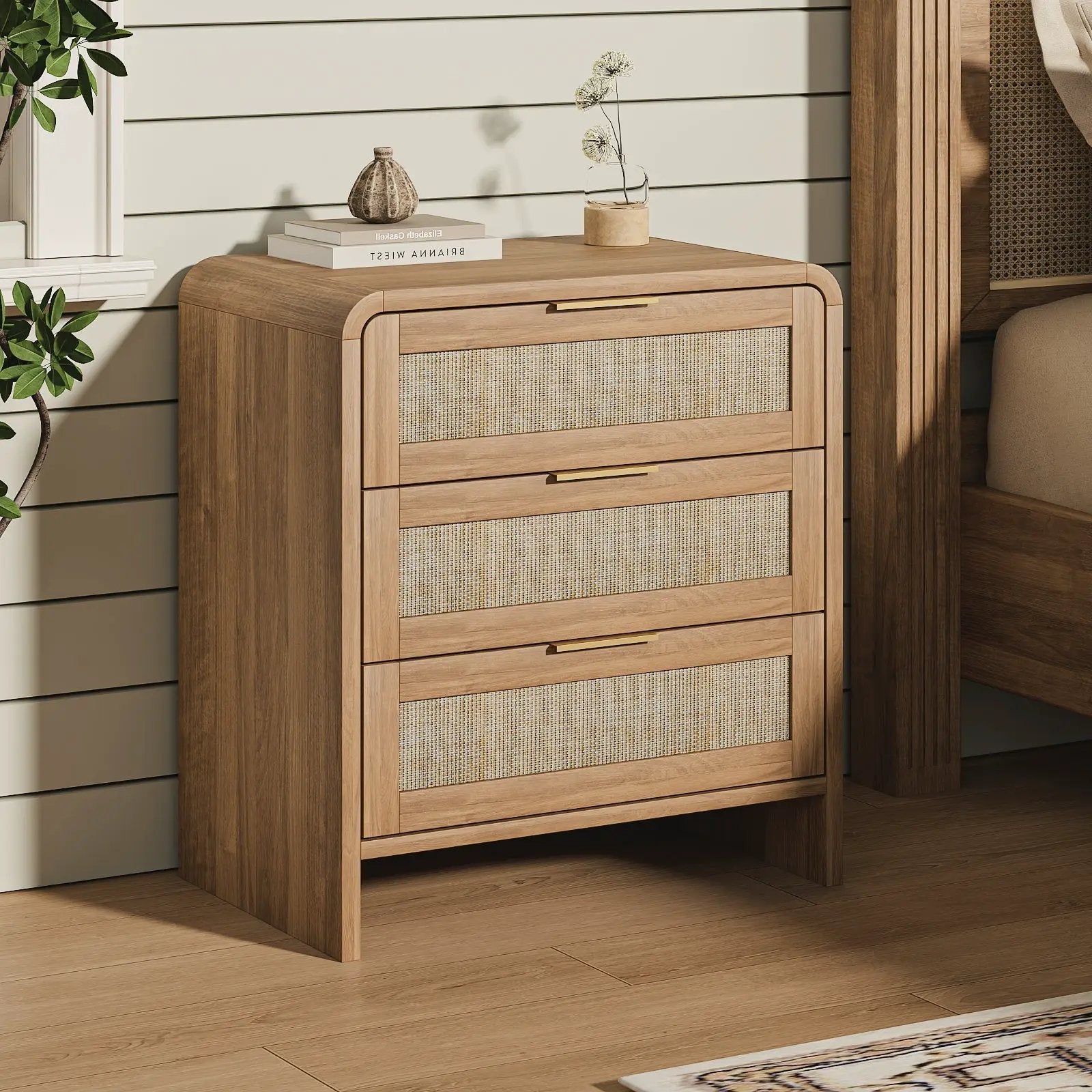 Rattan Nightstand Set of 2 with 3 Drawers in Caramel Oak by HouseOfZazla