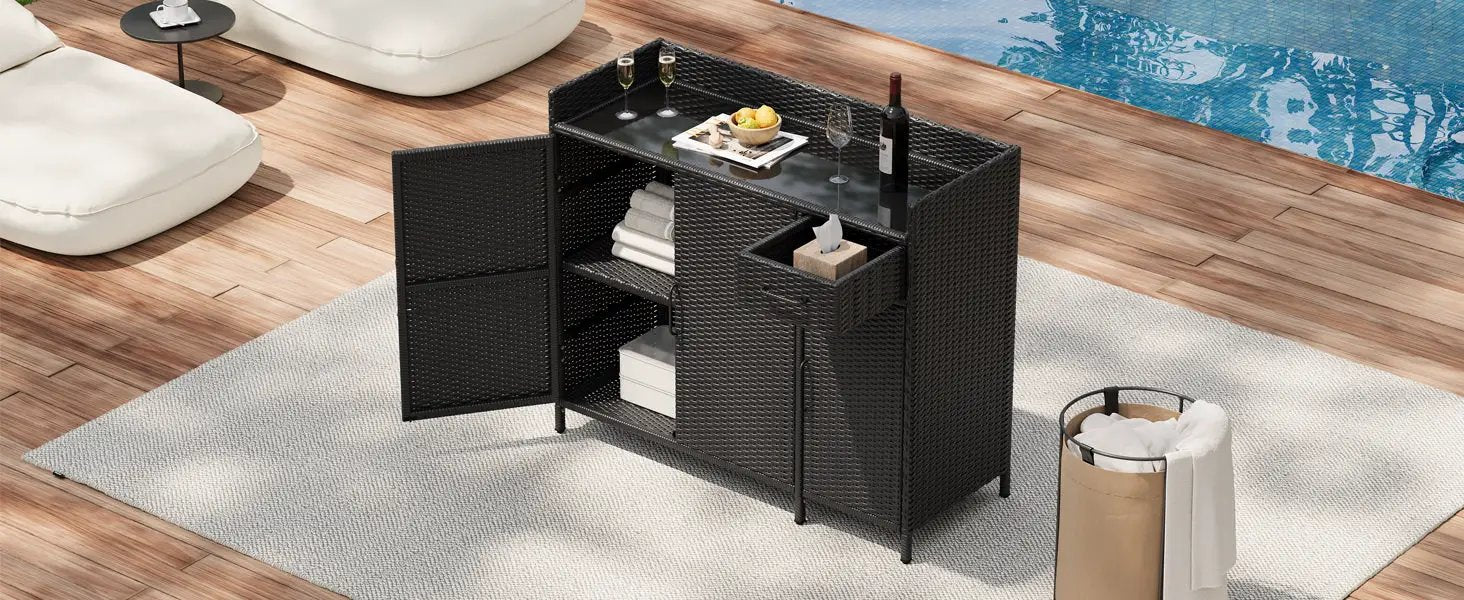 K&K 47.5"W Wicker Outdoor Storage Cabinet with Tempered Glass Top by HouseOfZazla