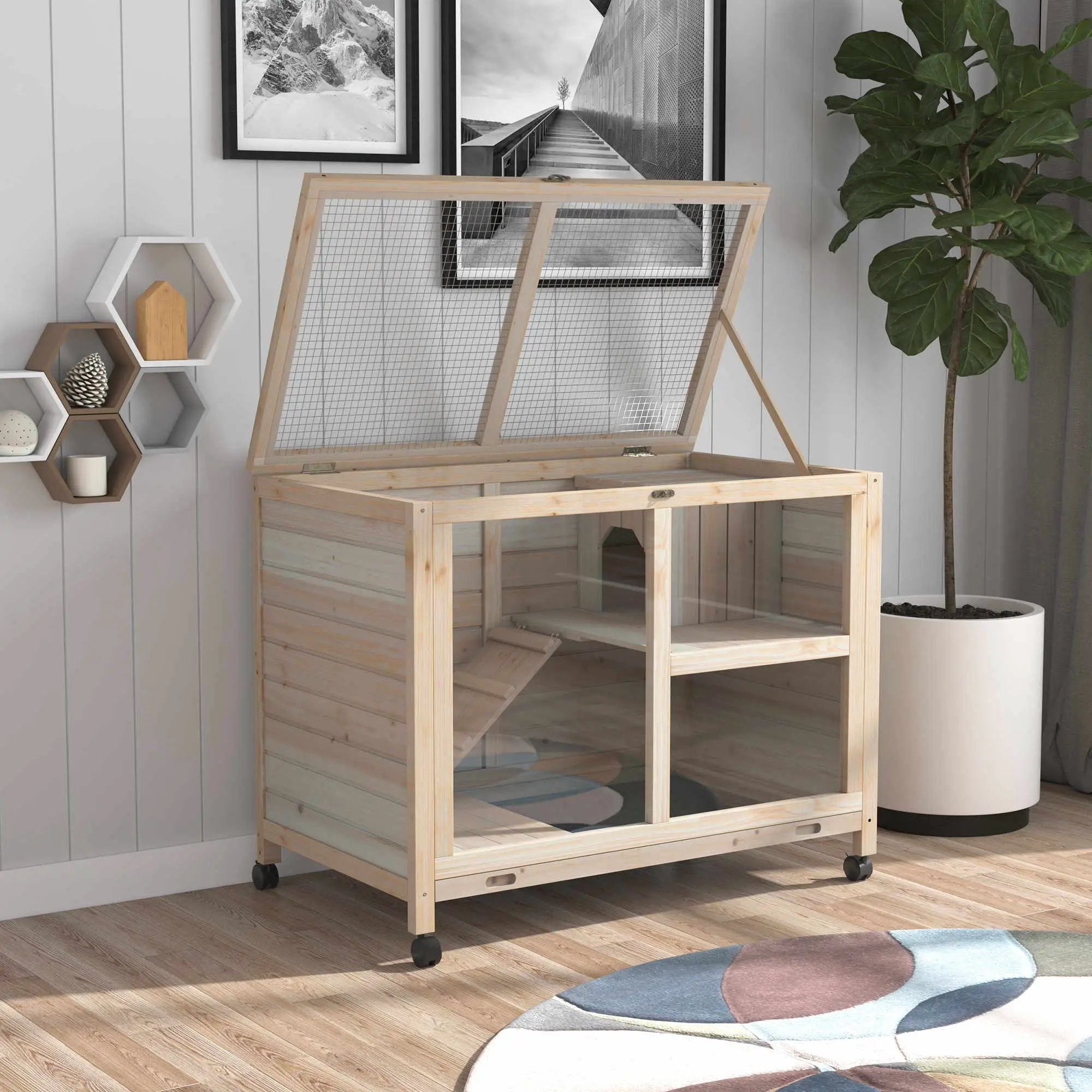 Pawhut - Indoor Rabbit Hutch With Wheels, Desk And Side Table Sized, Wood Rabbit Cage, Waterproof Small Rabbit Cage - Natural by HouseOfZazla