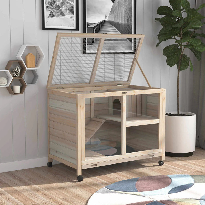 Pawhut - Indoor Rabbit Hutch With Wheels, Desk And Side Table Sized, Wood Rabbit Cage, Waterproof Small Rabbit Cage - Natural by HouseOfZazla