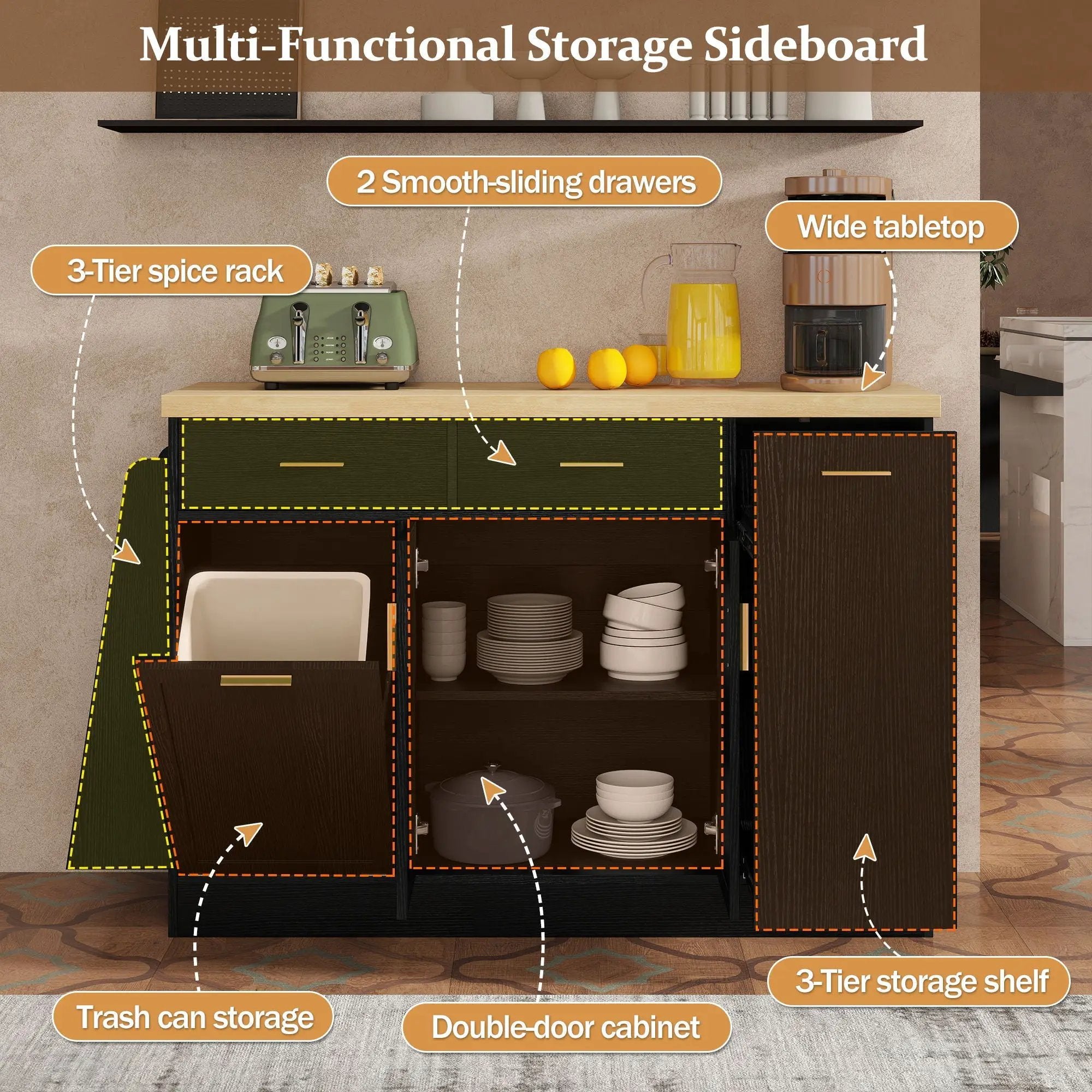 Kitchen Sideboard With Sliding Door Cabinet, 3 Tier Spice Rack