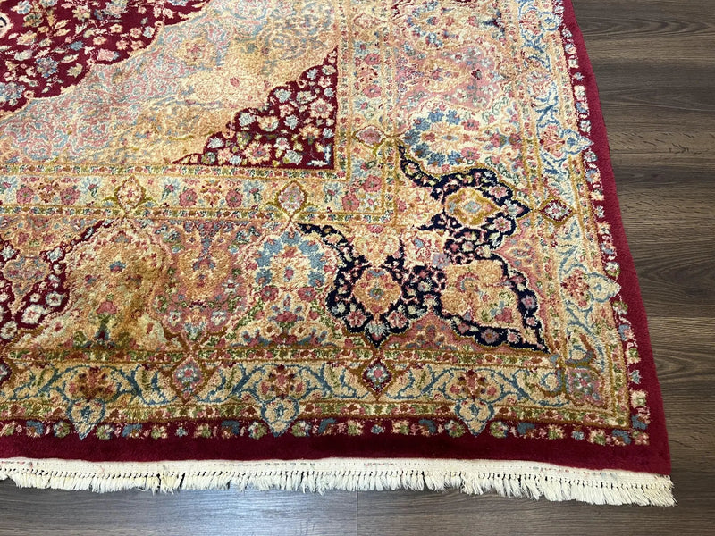 Persian Rug 9x12, Kirman DeLuxe, Millefleur Floral Medallion Carpet, Maroon Light Blue Beige, Semi Antique Authentic Hand Knotted Wool Rug by Jewel Rugs