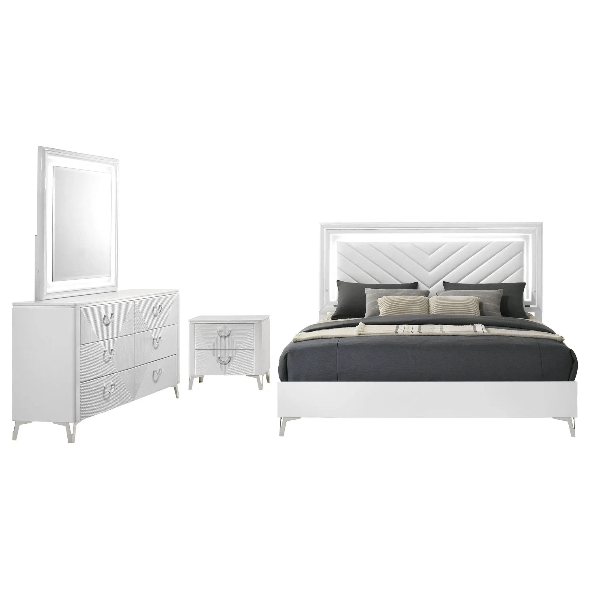 Cassia 4-piece Eastern King LED Bedroom Set White High Gloss by Unique Piece Furniture