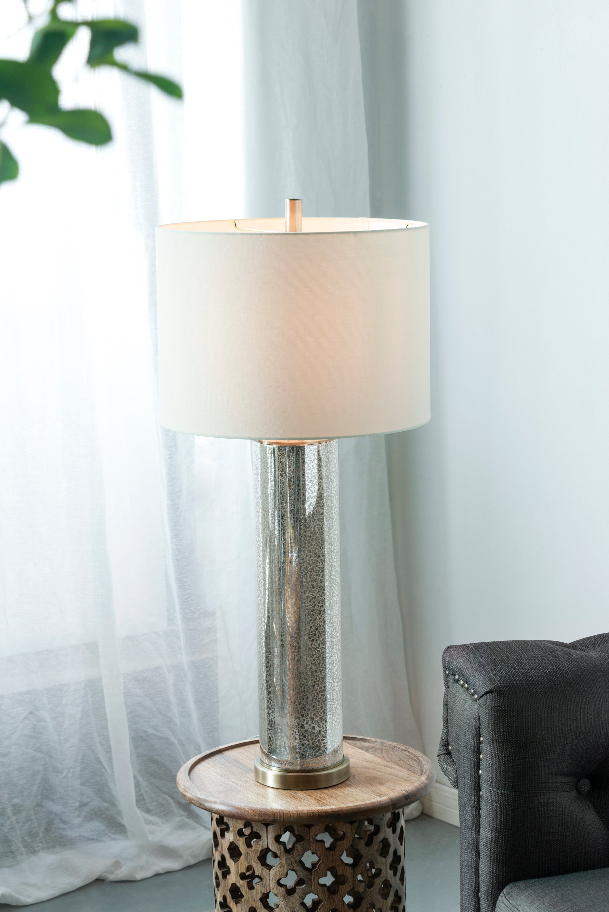 16x16x35 Gold Mirrored Glass Table Lamp with White Fabric Shade by HouseOfZazla