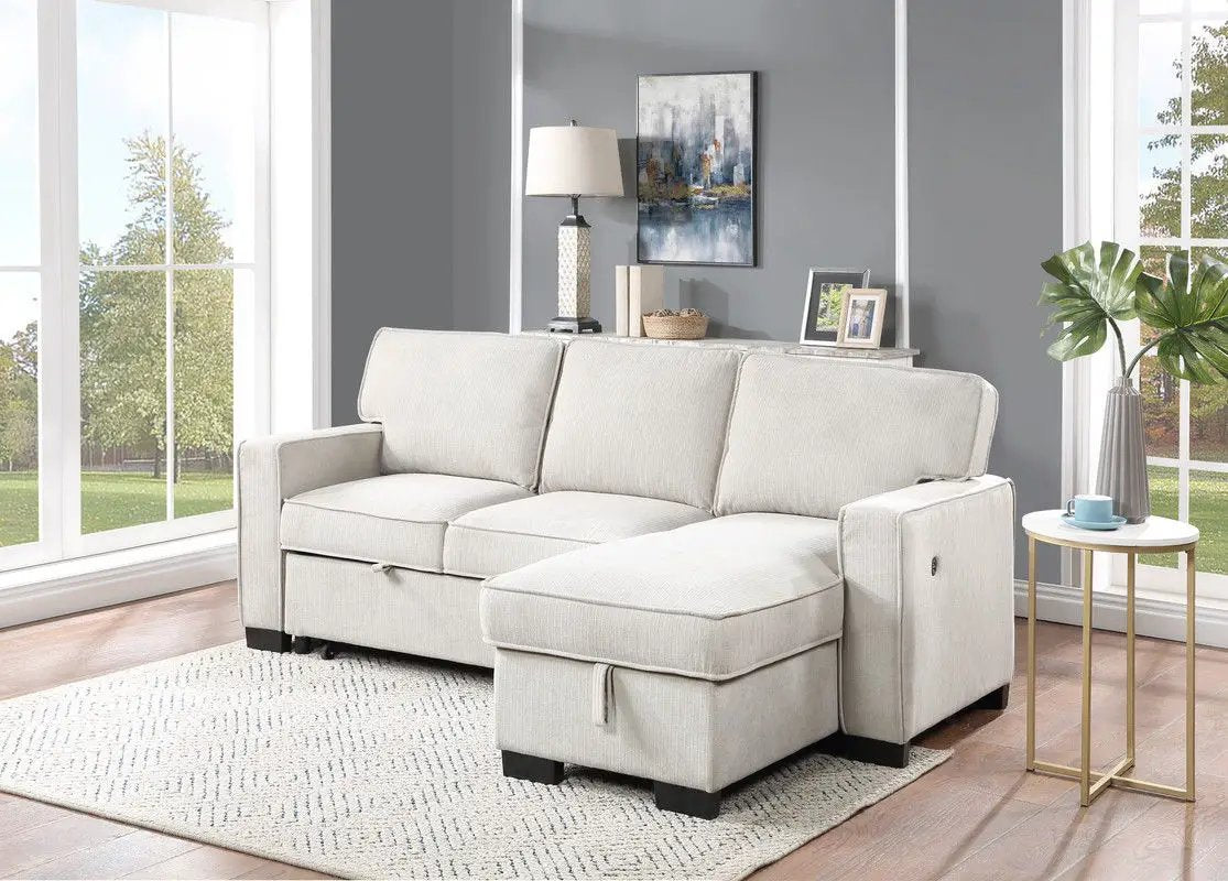 Estelle - Fabric Reversible Sleeper Sectional With Storage Chaise Drop-Down Table 2 Cup Holders And 2 USB Ports by HouseOfZazla
