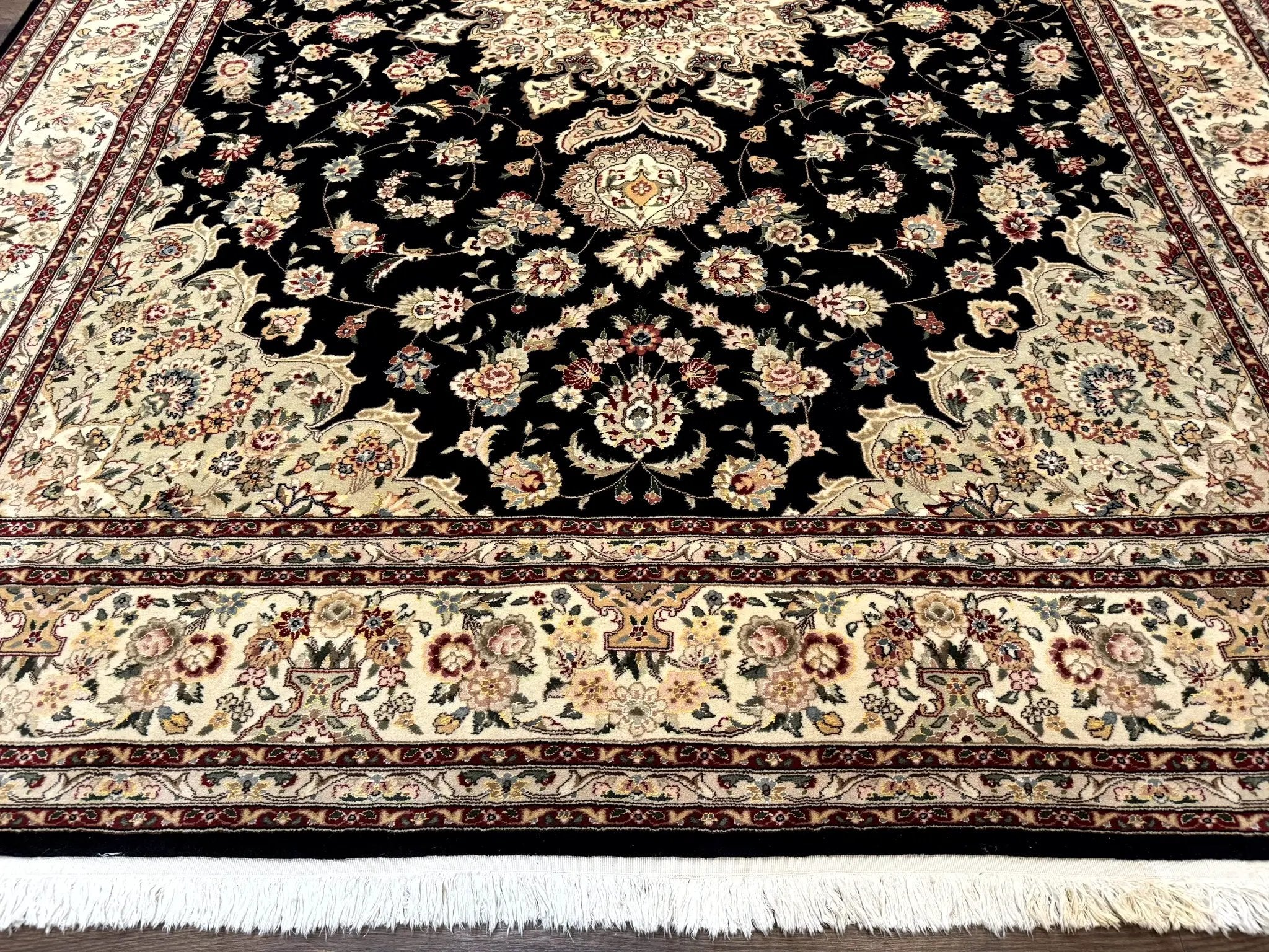 Sino Persian Rug 9x12, Black and Beige, Floral Medallion, Wool & Silk, Handmade by Jewel Rugs