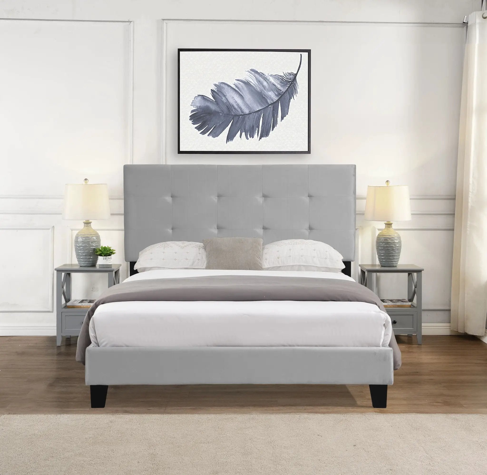 Full Size Upholstered Platform Bed Frame With Pull Point Tufted Headboard, Strong Wood Slat Support, Mattress Foundation, No Box Spring Needed - Gray by HouseOfZazla