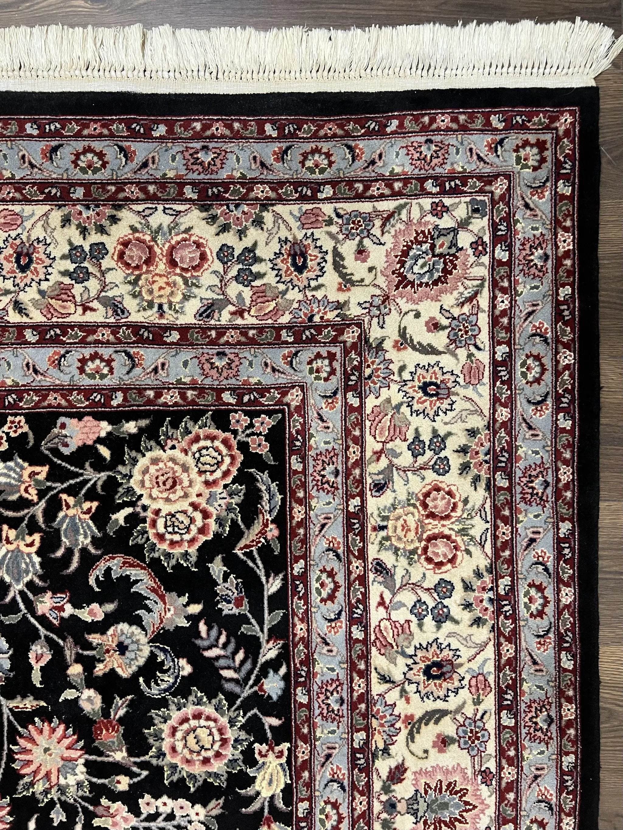 Pak Persian Rug 9x12, Floral Allover, Hand Knotted Oriental Carpet 9 x 12 ft, Black and Cream, Detailed, Wool with Silk Highlights, Vintage by Jewel Rugs
