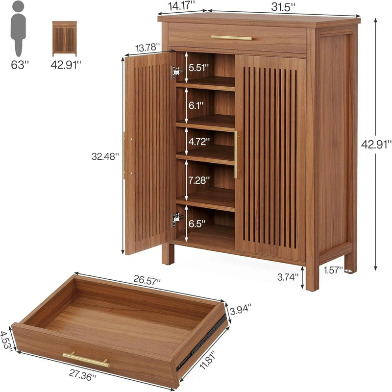 5 Tier Shoe Cabinet With Louvered Doors And Drawer, Freestanding Organizer With Adjustable Shelves For Entryway - Brown by HouseOfZazla