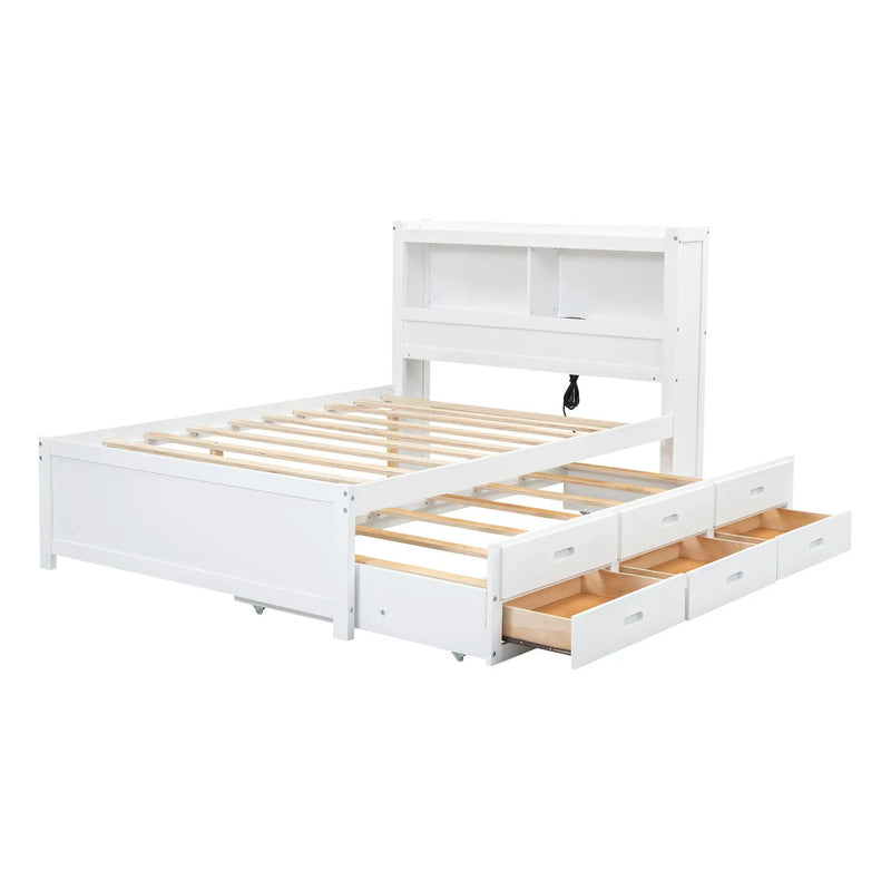 Full Size Platform Bed With Trundle, Drawers, USB Ports And Built In Shelves - White by HouseOfZazla