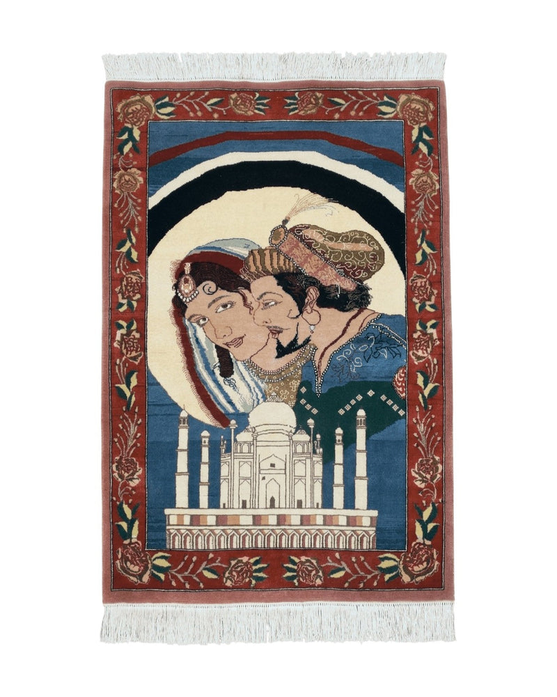 Vintage Small Pictorial Lovers Rug 2.5 x 4, Taj Mahal Indo Persian Rug, Wool Hand-Knotted Indian Rug, King & Queen, Layla and Majnun by Jewel Rugs