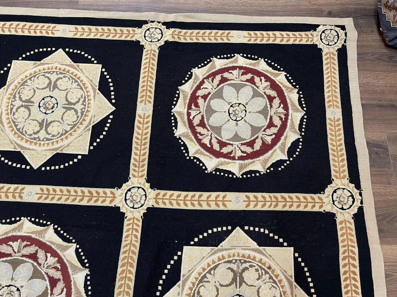Large Needlepoint Rug 10x13, Panel Design, Black and Beige, Wool Needlepoint Carpet 10 x 13, English Garden, Handwoven Area Rug, Living Room by Jewel Rugs