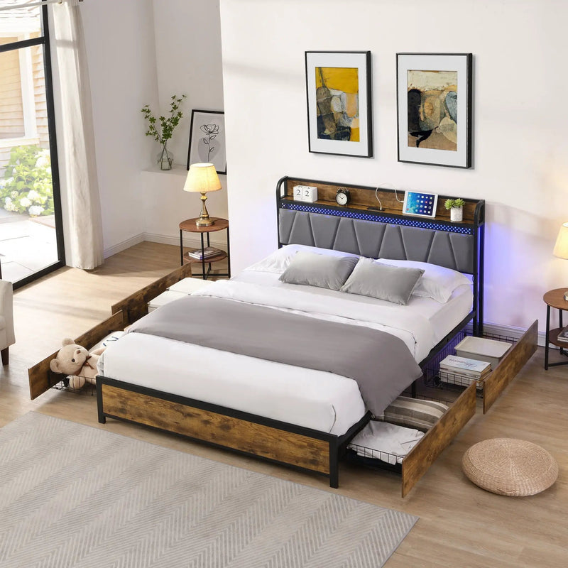 Contemporary Bed Frame With Storage Headboard, Charging Station, LED Lights by Unique Piece Furniture