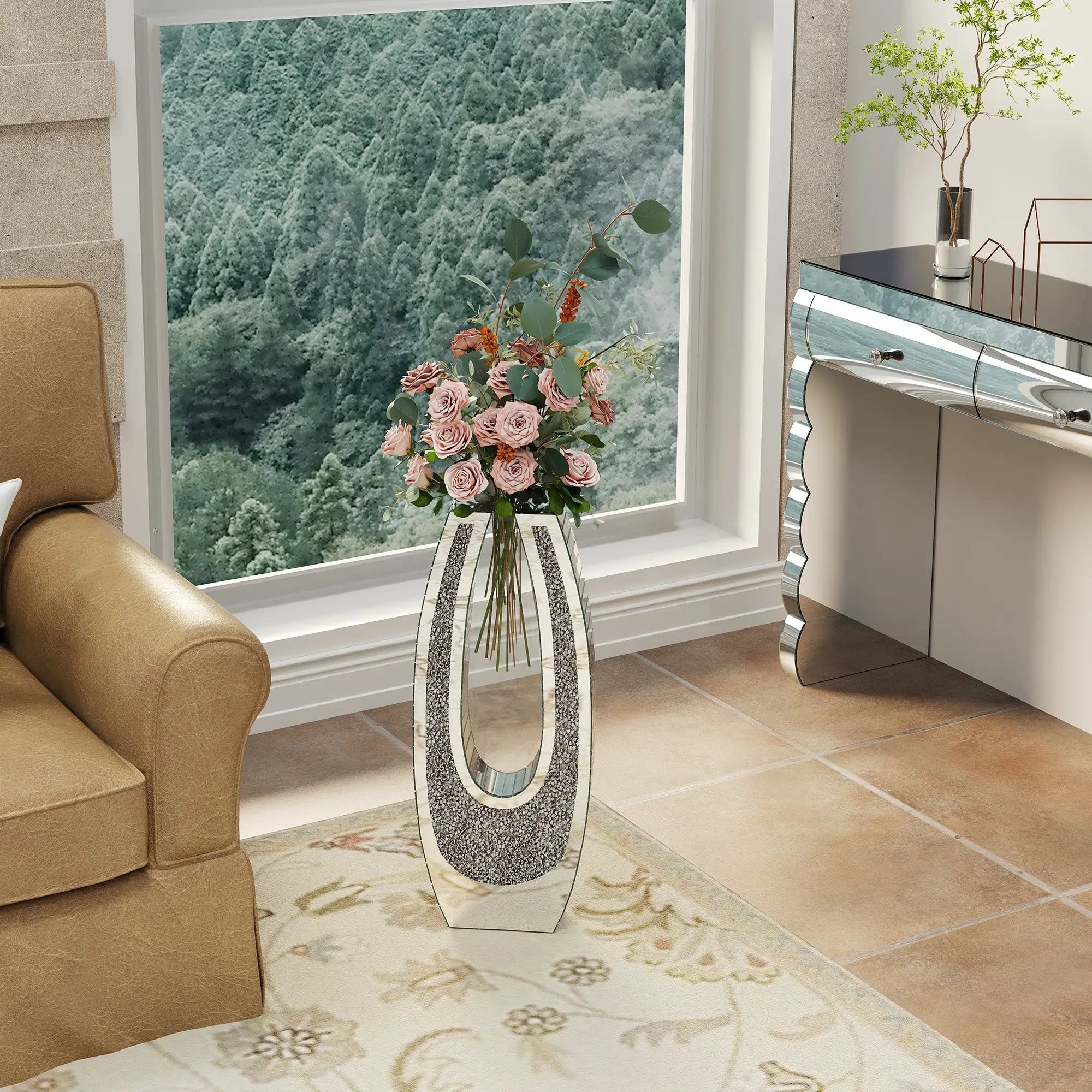 24.01" U-Shaped Floor Vase Shattered Diamond Mirror Surface by HouseOfZazla