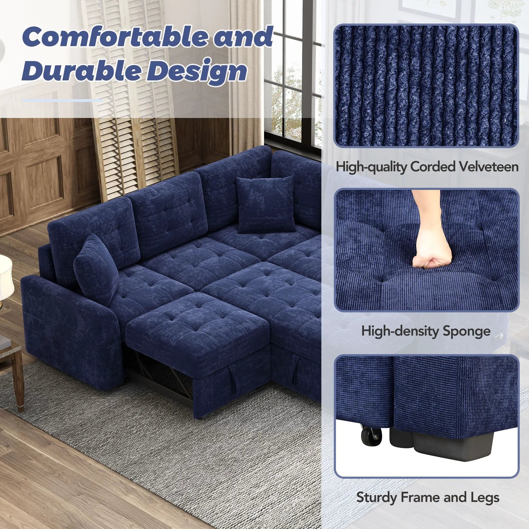 L-Shape Sofa Bed Pull-Out Sleeper Sofa With Wheels, USB Ports, Power Sockets For Living Room by HouseOfZazla