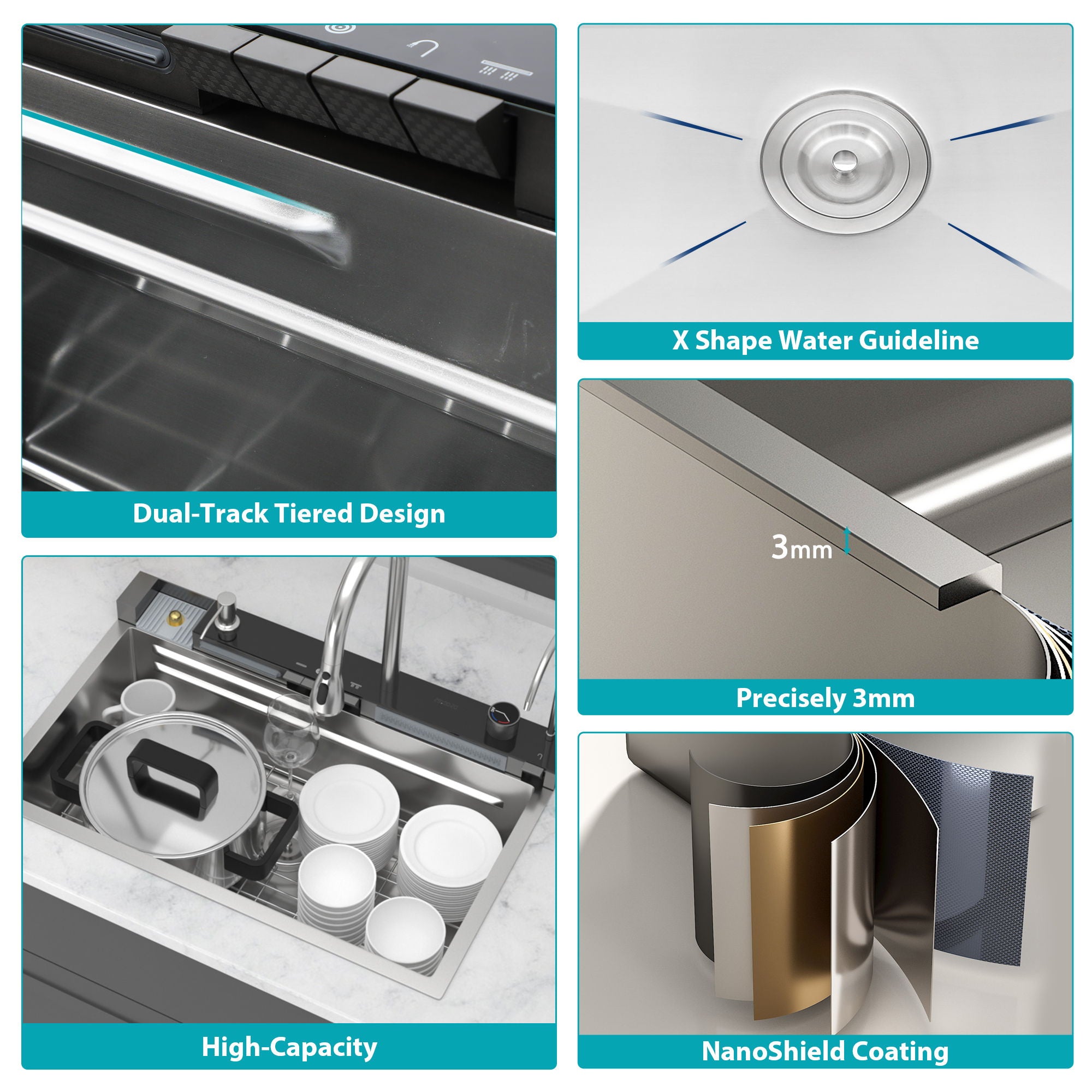 Kitchen Waterfall Sink Single Bowl With LED Faucet, Ledge Workstation, And Multi Function Pull Out Spray - Brushed Nickel by HouseOfZazla