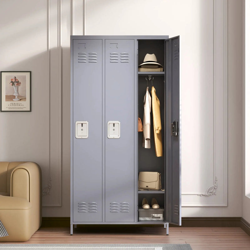 3 Door Lockers With Lock For Home, Gym, Office, School, And Garage - Gray by Unique Piece Furniture