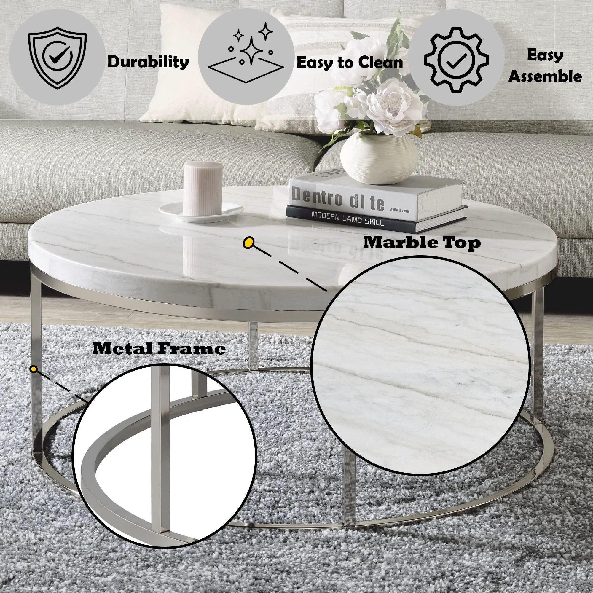 Zaidee Marble Top Nickel Coffee Table - White by HouseOfZazla