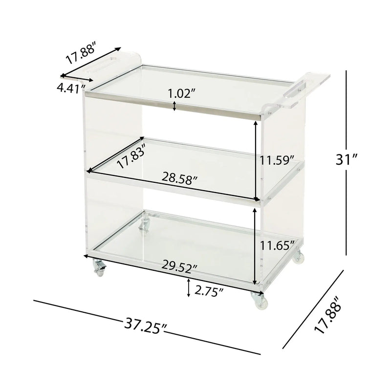 Elegant Acrylic Bar Cart With Tempered Glass Shelves And Rattan Metal Frame - Clear by HouseOfZazla