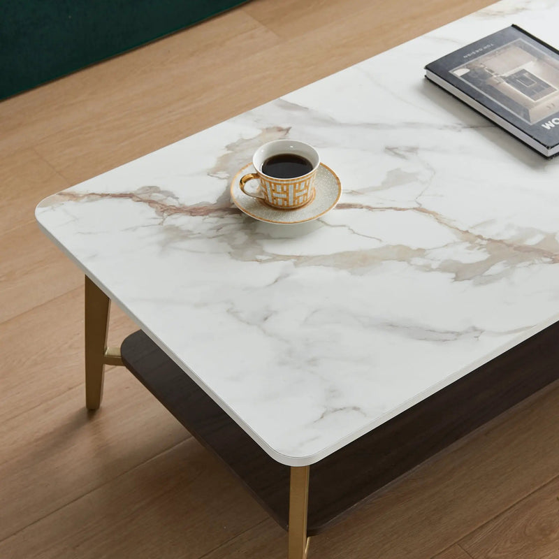 Coffee Table Rectangular Center Table For Living Room Open Space Side Table With Metal Frame - Golden / White by Unique Piece Furniture