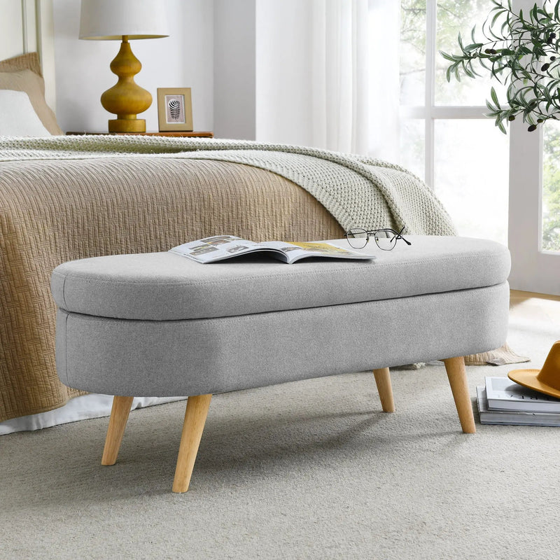 Ottoman Oval Storage Bench With Rubber Wood Legs Linen - Gray by HouseOfZazla