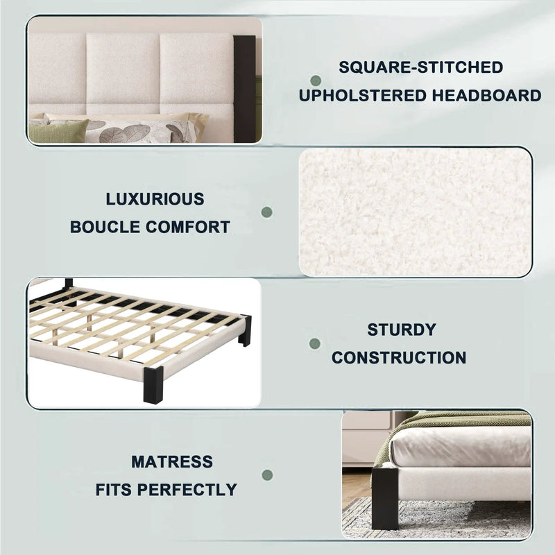 Boucle Queen Bed Frame With Square-Stitched Headboard by HouseOfZazla