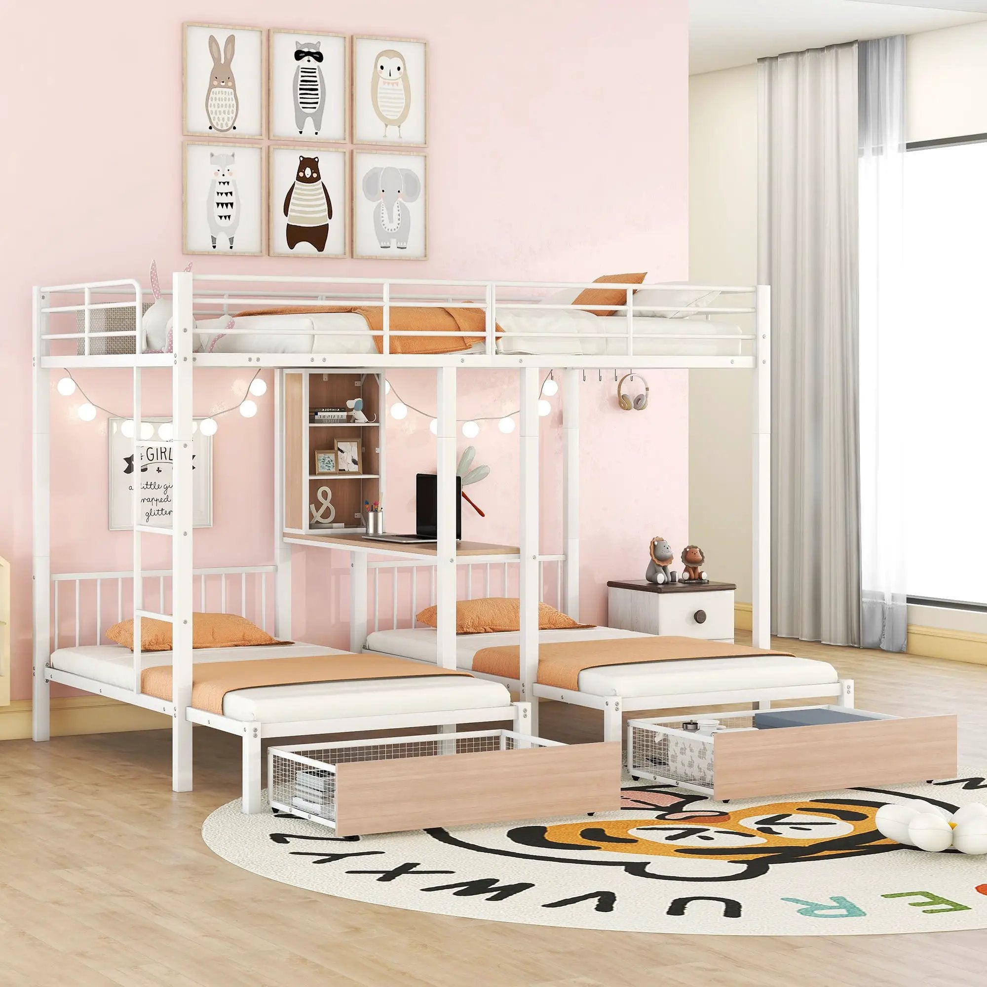 Triple Bunk Bed With Drawers, Multi-Functional Frame With Desks And Shelves In The Middle by Unique Piece Furniture