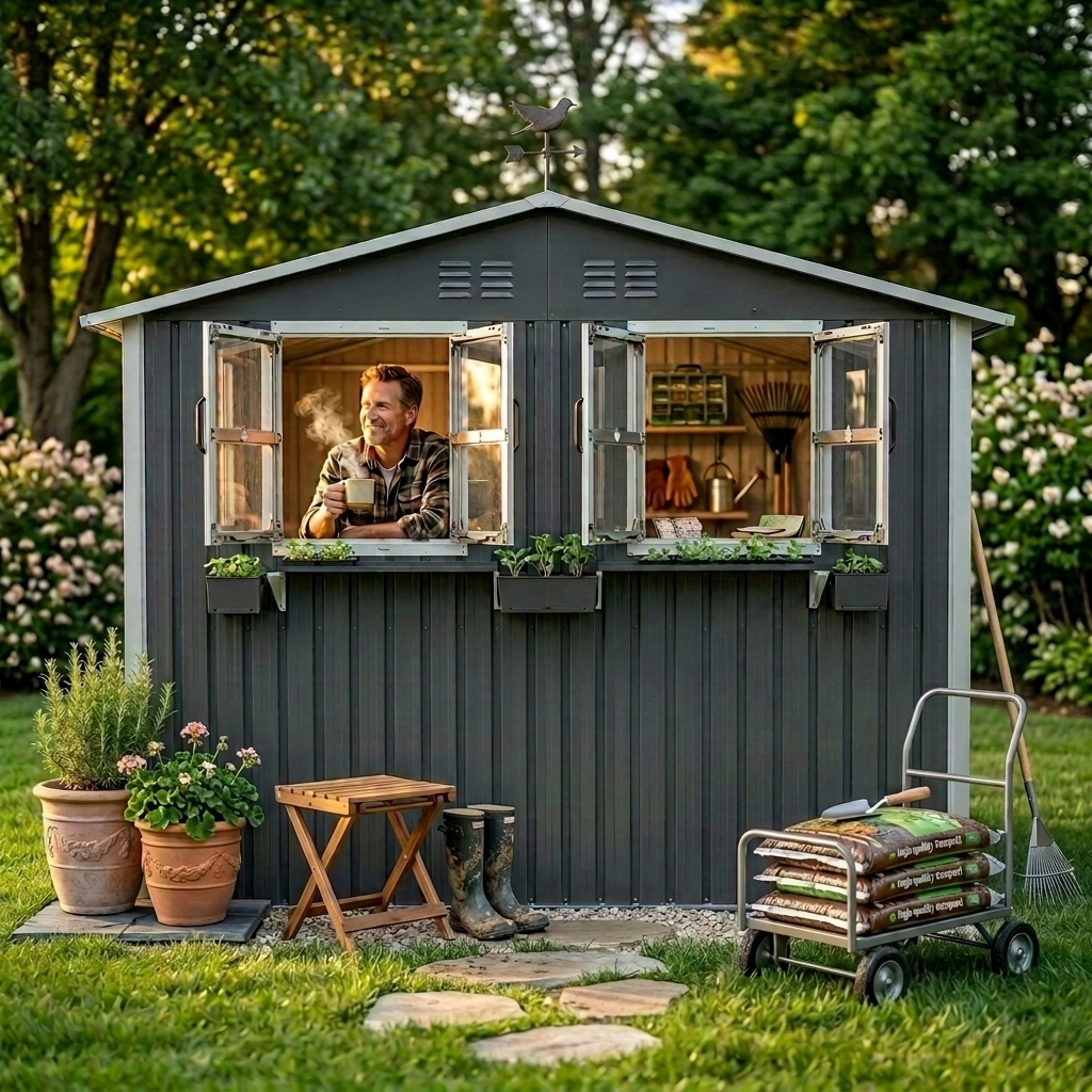 6x9 FT Outdoor Metal Storage Shed with Window & Flower Rack by HouseOfZazla