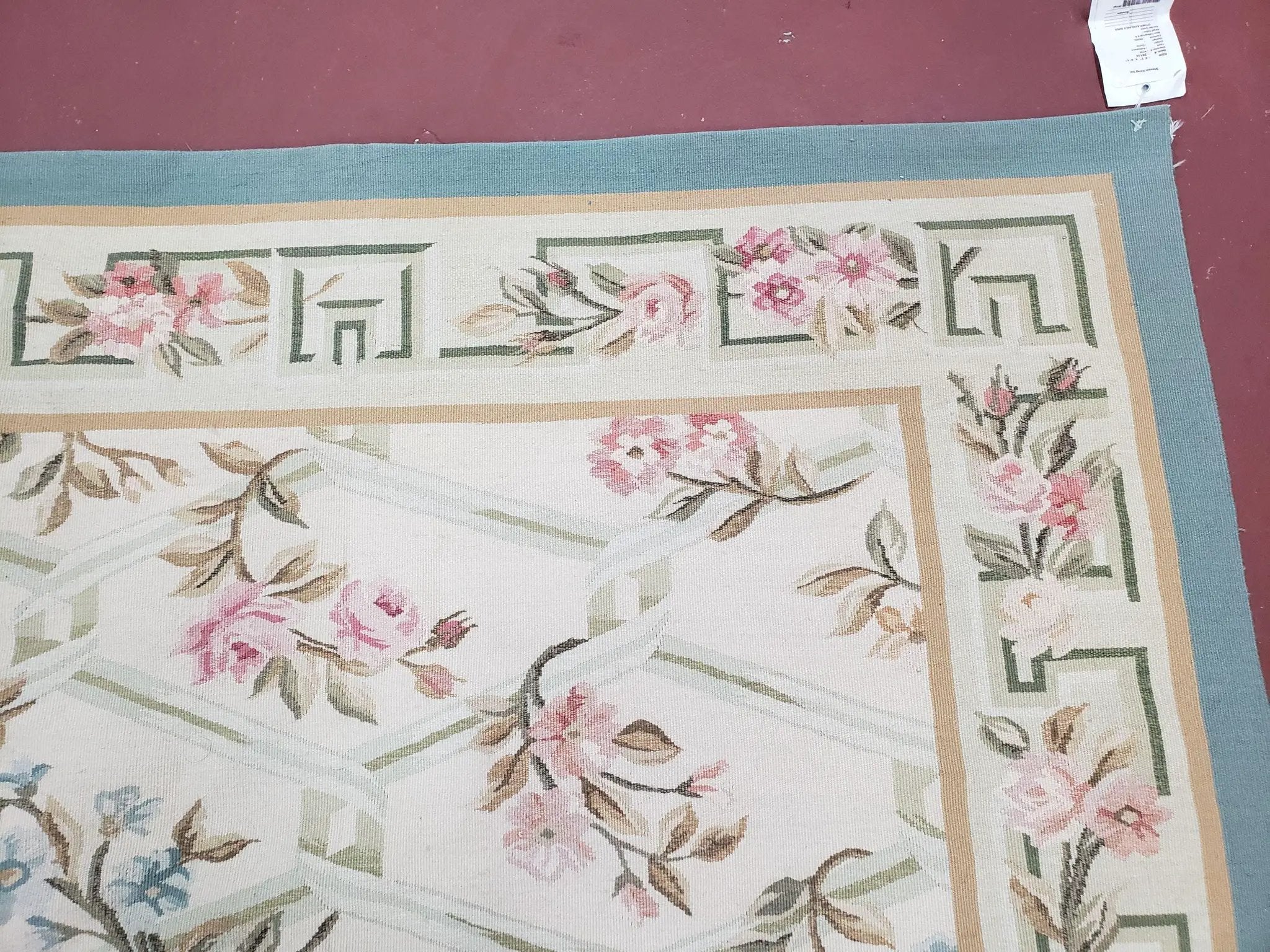Vintage Aubusson Area Rug, Aubusson Flat weave Carpet, Floral Geometric Pattern, Beige Teal Green, 4x6 Rug, European Design by Jewel Rugs