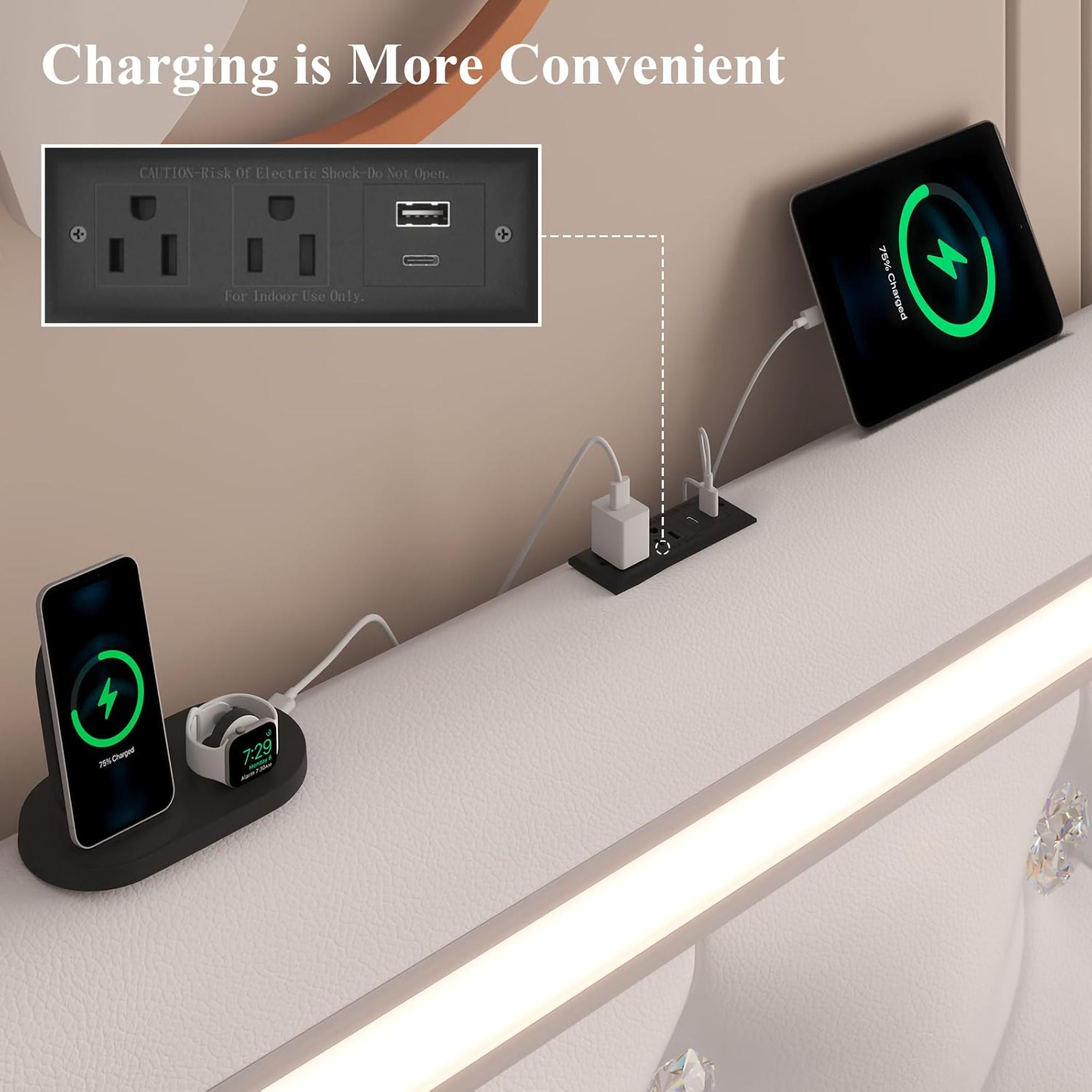 Wingback Upholstered Bed Frame With LED Lights, Charging Station by HouseOfZazla