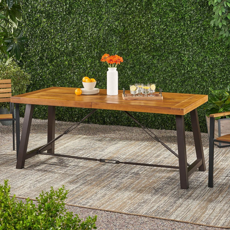 Outdoor Dining Table With Slat Wooden Panel And Turnbuckle Accents - Teak by HouseOfZazla