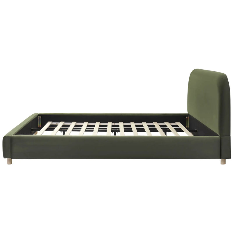 California King Size Upholstered Bed Frame With Velvet Fabric And Curve Design Thick Headboard, Solid Wood Legs, Olive by HouseOfZazla