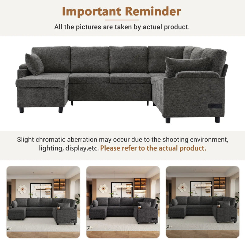 U-Shaped Sectional Sleeper Sofa With Ample Storage Space, 2 Cup Holders And Charging Ports For Living Room by HouseOfZazla