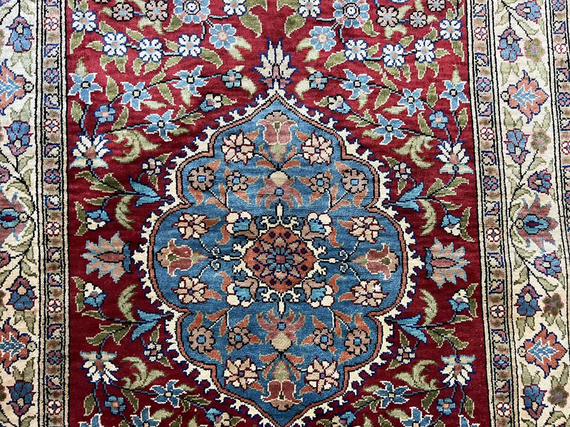 Silk Turkish Kayseri Rug 2x3, Small All Silk Turkish Carpet, Red and Light Blue, Very Fine Hand Knotted Semi Antique Vintage Handmade Rug by Jewel Rugs