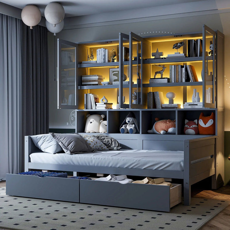 Daybed With Glass Door Storage Cabinets, Built In LED Lighting And Shelves by HouseOfZazla