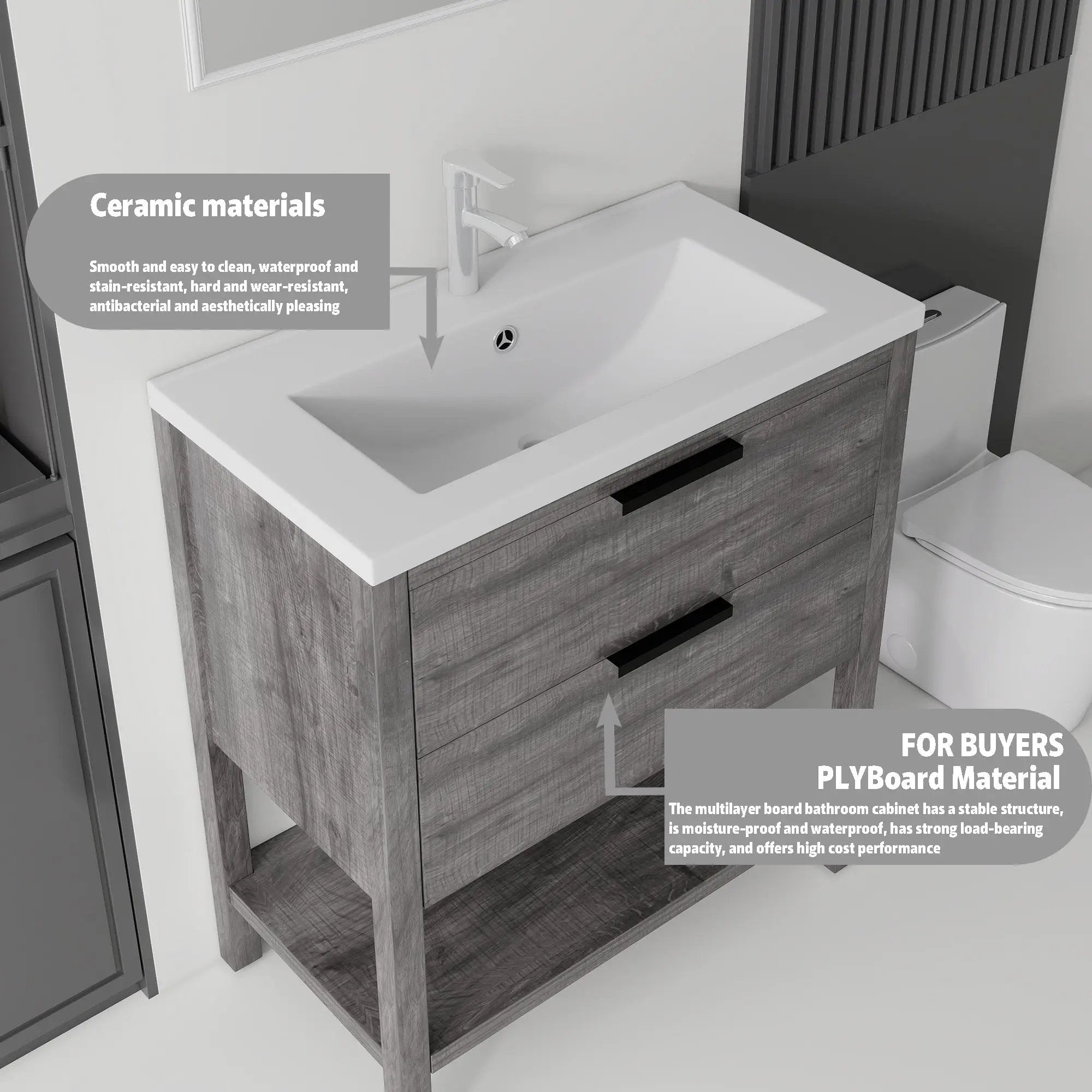 36 Inch Freestanding Bathroom Vanity with Sink, Soft-Close Drawer, Ceramic Sink, Plywood by HouseOfZazla