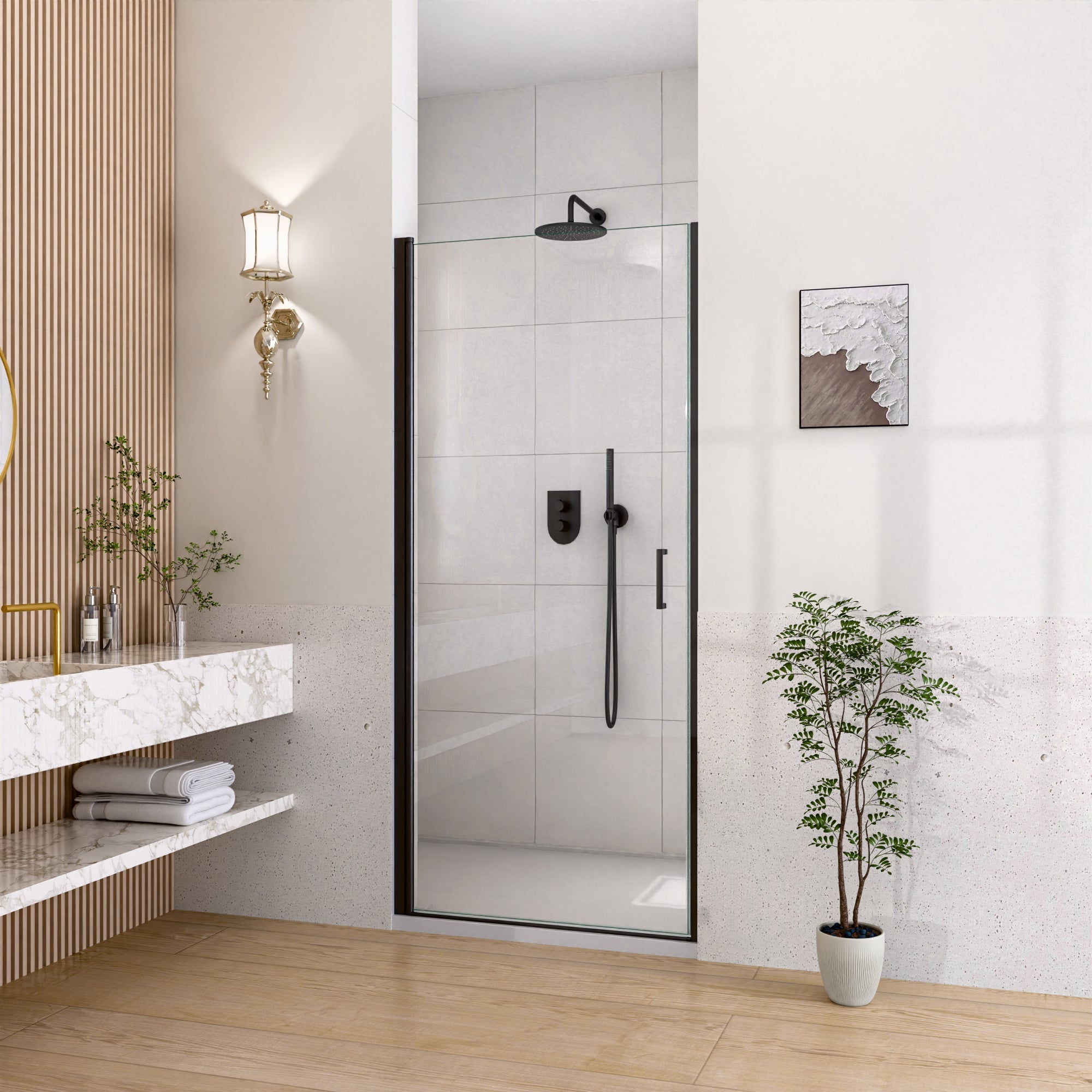24" W x 72" H Semi-Frameless Circular Pivot Shower Door in Matte Black by HouseOfZazla