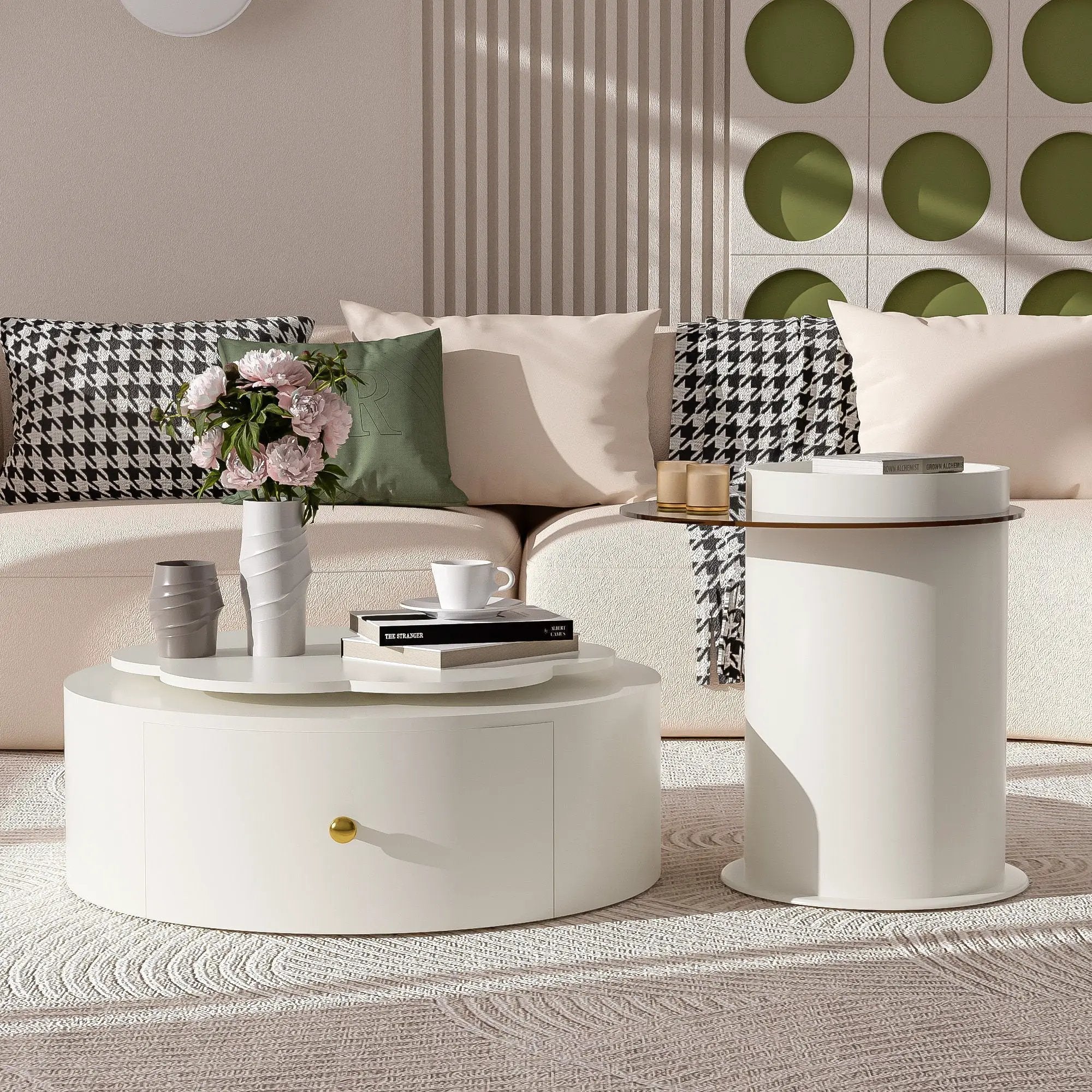 Modern Round Coffee Table (Set of 2), 360 Degree Rotatable Flower Shaped Top With 2 Drawers, Top Circle Side Table End Table With Glass For Living Room - Off White by HouseOfZazla