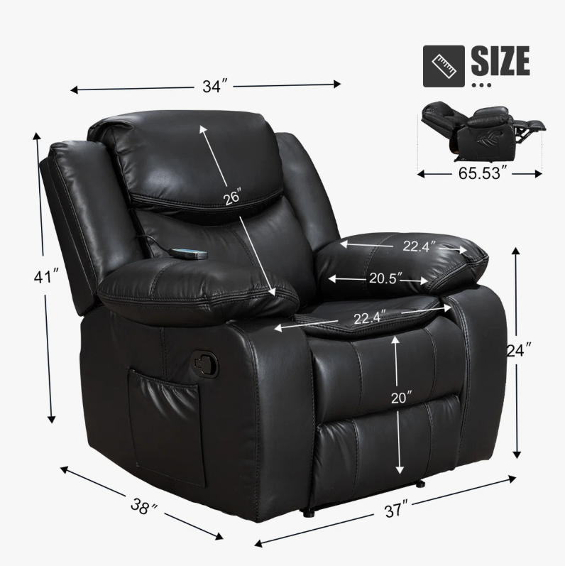 Black Color Air Leather Recliner Chair with Vibration and Heating by HouseOfZazla
