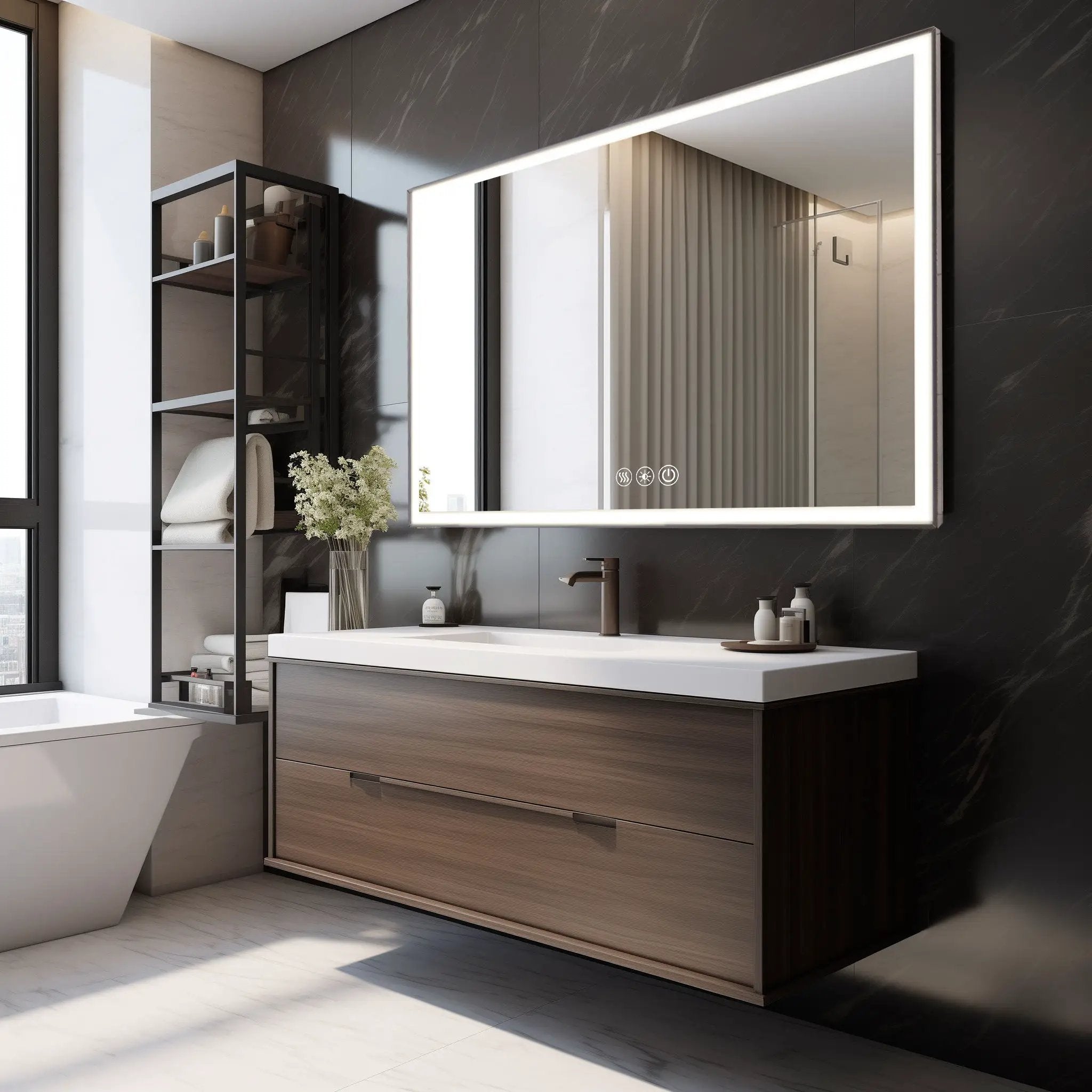 Modern LED Bathroom Vanity Mirror With Aluminum Frame, 45° Beveled Lights, Anti Fog - Silver by HouseOfZazla