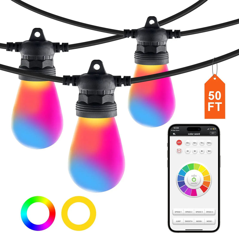 RGB Outdoor String Lights, 50FT with APP Control by HouseOfZazla