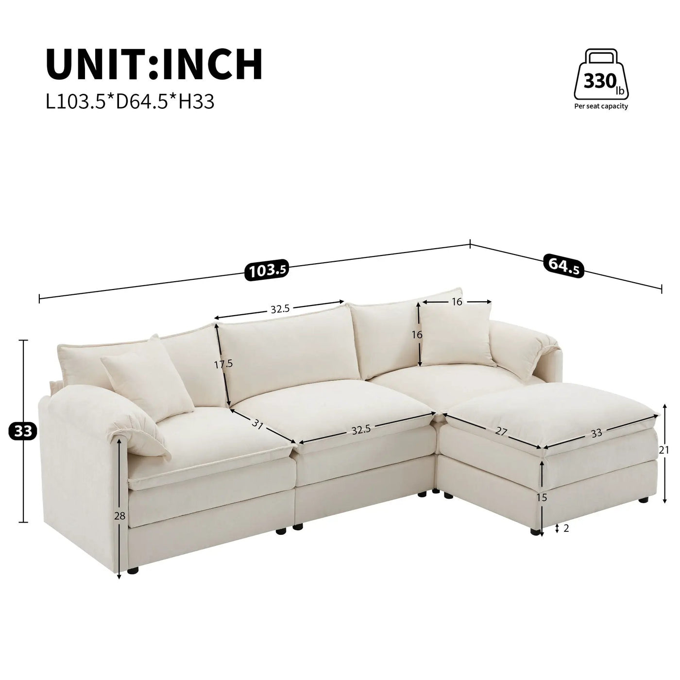 Modular Sectional With Deep And Wide Seat, Cloud Couch Set With Double Cushions Sofa With Movable Ottoman by Unique Piece Furniture