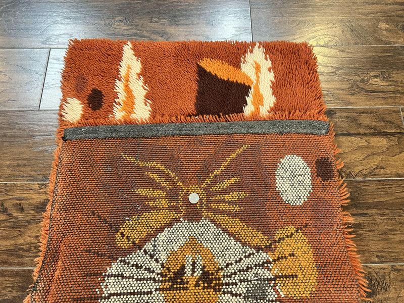 Rya Shag Rug 2x4, Rabbit in Top Hat, Wool, Orange, Vintage 1960s Danish Shag Rug by Jewel Rugs