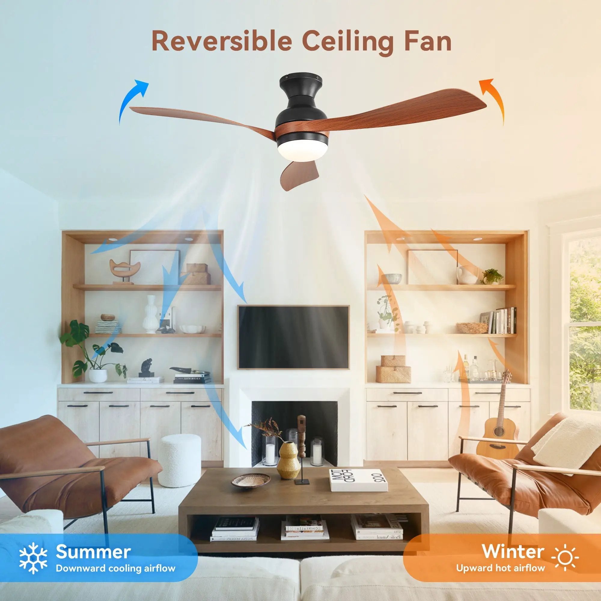 Ceiling Fan With Remote Controlled LED Light, 3 Blades, Reversible DC Motor, 6 Speeds, Dimmable, Flush Mount - Black by Unique Piece Furniture
