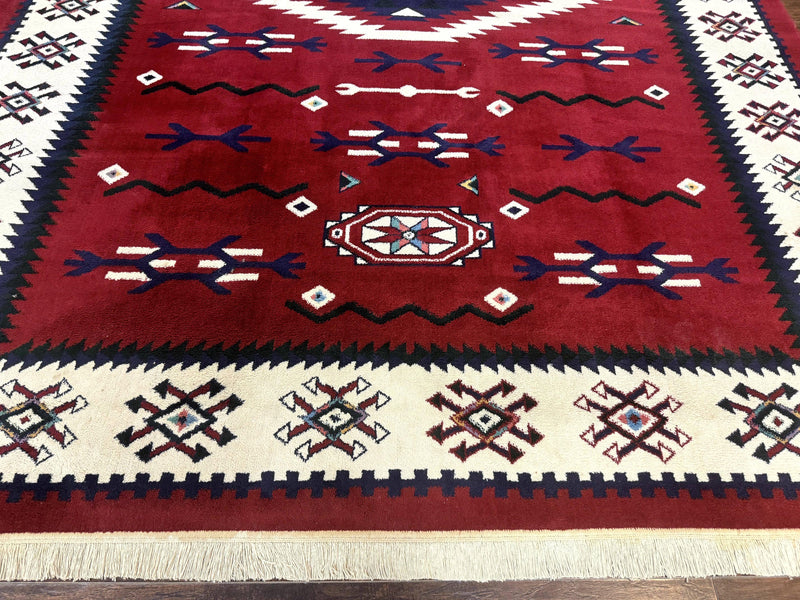 Belgium Power Loomed Rug 8x11, Navajo Native American Design, Dark Red and Ivory, Tribal Rug, Bohemian Carpet by Jewel Rugs