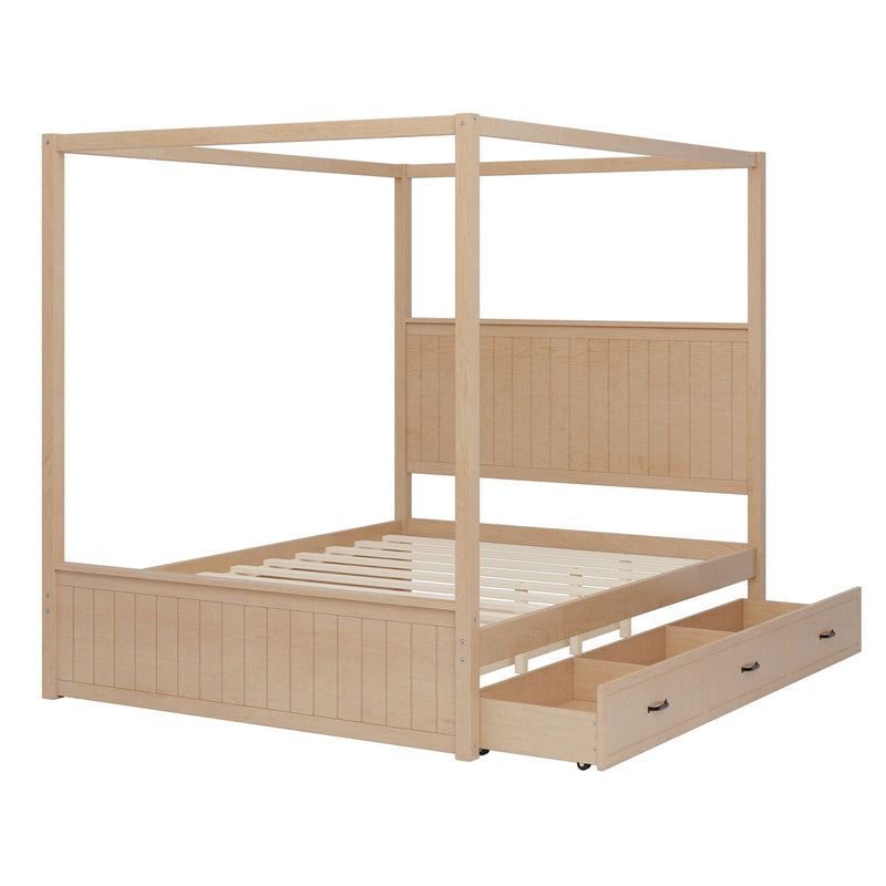 Queen Size Canopy Platform Bed With Trundle And 3 Storage Drawers, 4 Post, No Box Spring Needed - Natural by HouseOfZazla