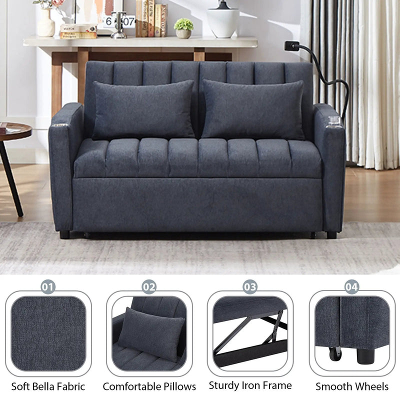 Convertible Sofa Bed Loveseat Sofa With Three USB Ports, Two Side Pockets, Two Cup Holders And 360° swivel Phone Holder For Living Room by HouseOfZazla