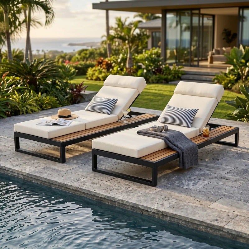Black Iron & Teak Finish Chaise Lounge Set by HouseOfZazla