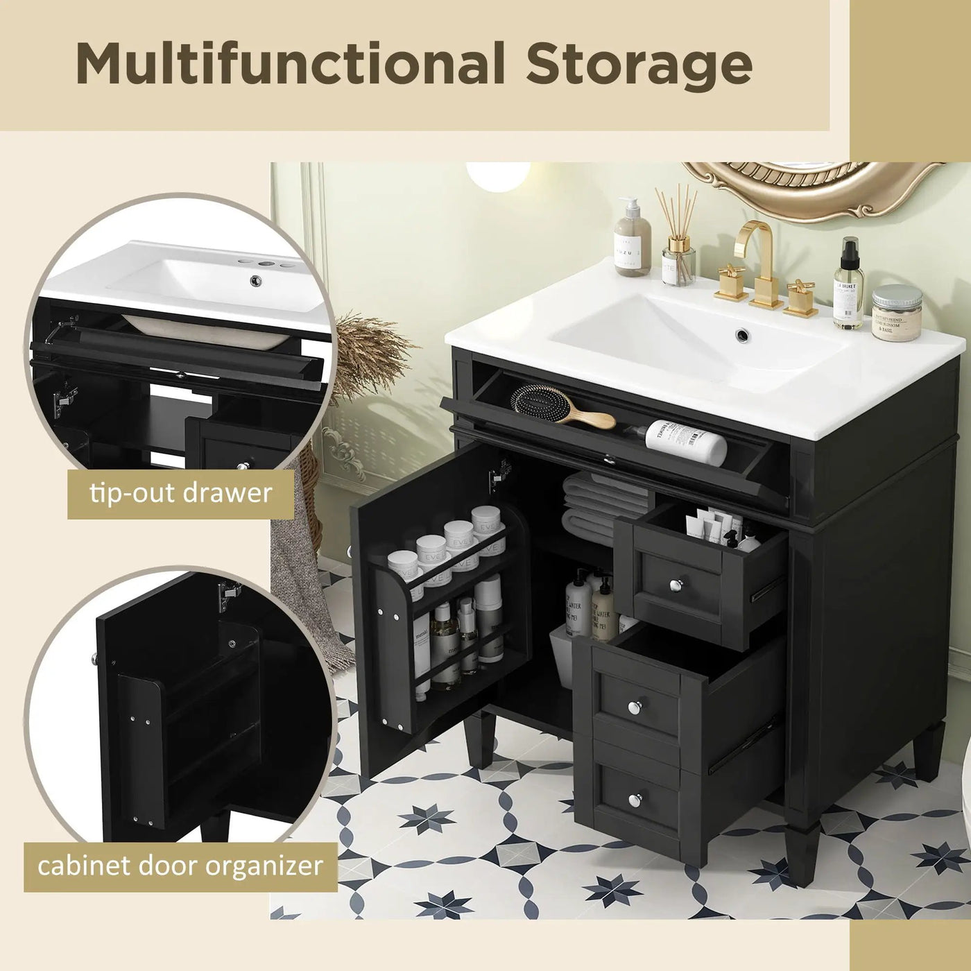 Bathroom Vanity With Top Sink, 2 Drawers & Tip Out Drawer by Unique Piece Furniture